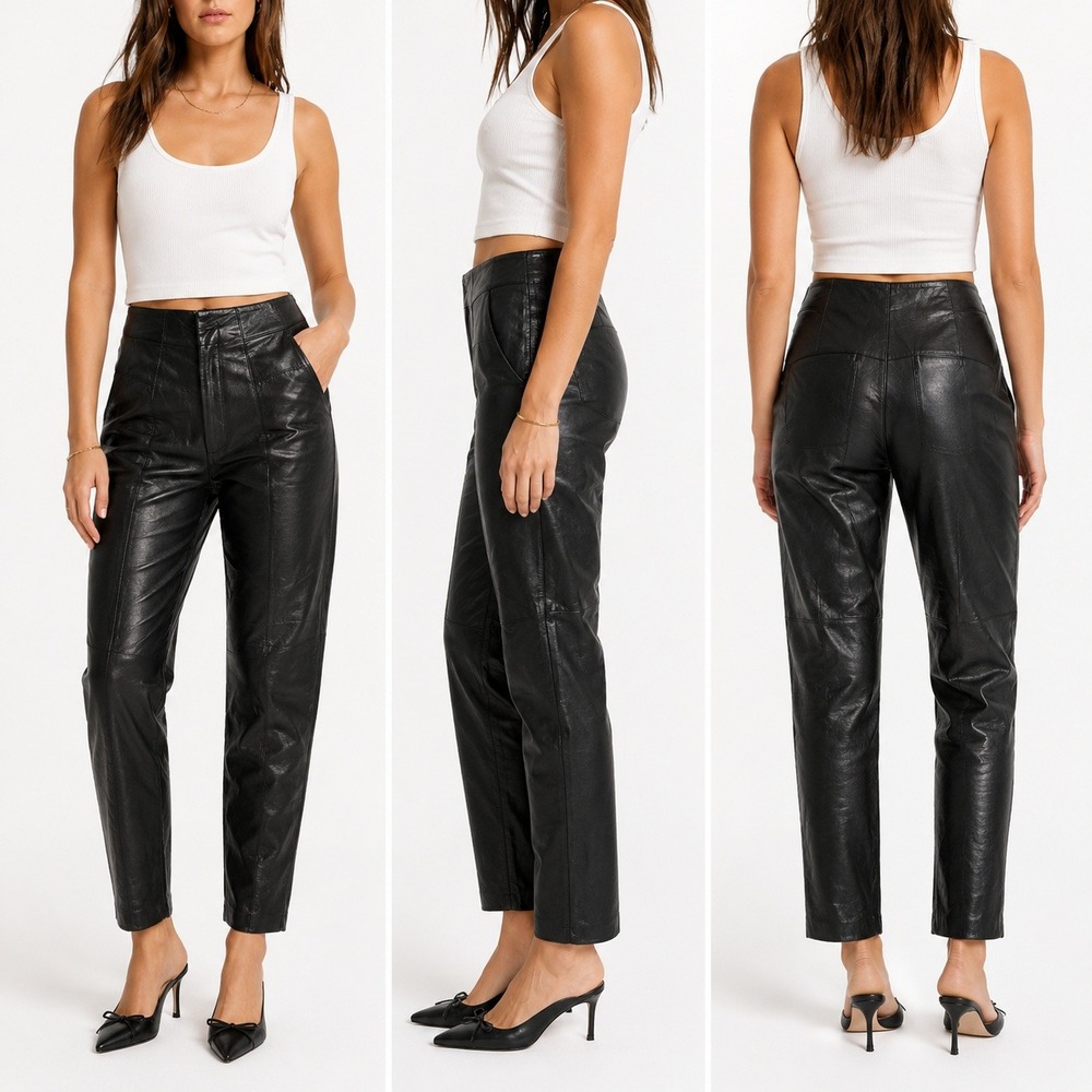 Vintage Michael Hoban North Beach Lambskin Leather Pants Size 8 High Waist Black